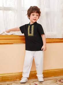 SHEIN Áo polo bé trai Nút phía trước Paisley Giải trí - màu đen - Xem 3