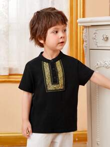 SHEIN Áo polo bé trai Nút phía trước Paisley Giải trí - màu đen - Xem 12