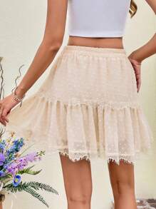 SHEIN VCAY Swiss Dot Contrast Lace Ruffle Hem Skirt - Apricot - View 2