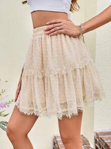 SHEIN VCAY Swiss Dot Contrast Lace Ruffle Hem Skirt - Apricot - View 4