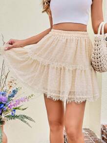 SHEIN VCAY Swiss Dot Contrast Lace Ruffle Hem Skirt - Apricot - View 5