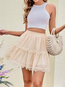 SHEIN VCAY Swiss Dot Contrast Lace Ruffle Hem Skirt - Apricot - View 6