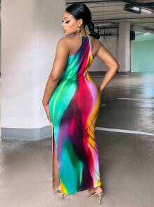 Slaydiva 大碼紮染下擺開叉繞頸緊身洋裝 - 彩色 - 查看 2