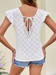 SHEIN VCAY Áo thun nữ Xù Buộc lại Tranh thêu màu trơn Giải trí - trắng - Xem 2