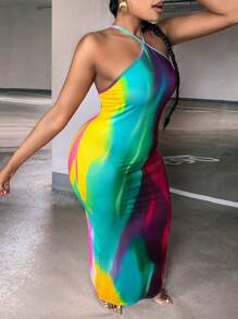 Slaydiva 大碼紮染下擺開叉繞頸緊身洋裝 - 彩色 - 查看 5