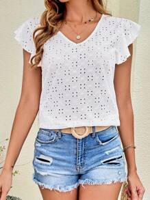 SHEIN VCAY Áo thun nữ Xù Buộc lại Tranh thêu màu trơn Giải trí - trắng - Xem 1