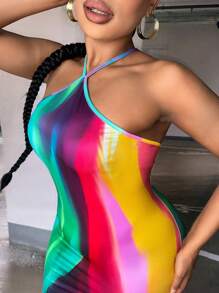 Slaydiva 大碼紮染下擺開叉繞頸緊身洋裝 - 彩色 - 查看 6