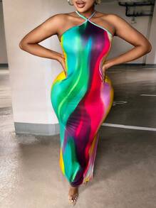 Slaydiva 大碼紮染下擺開叉繞頸緊身洋裝 - 彩色 - 查看 3