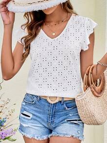 SHEIN VCAY Áo thun nữ Xù Buộc lại Tranh thêu màu trơn Giải trí - trắng - Xem 4