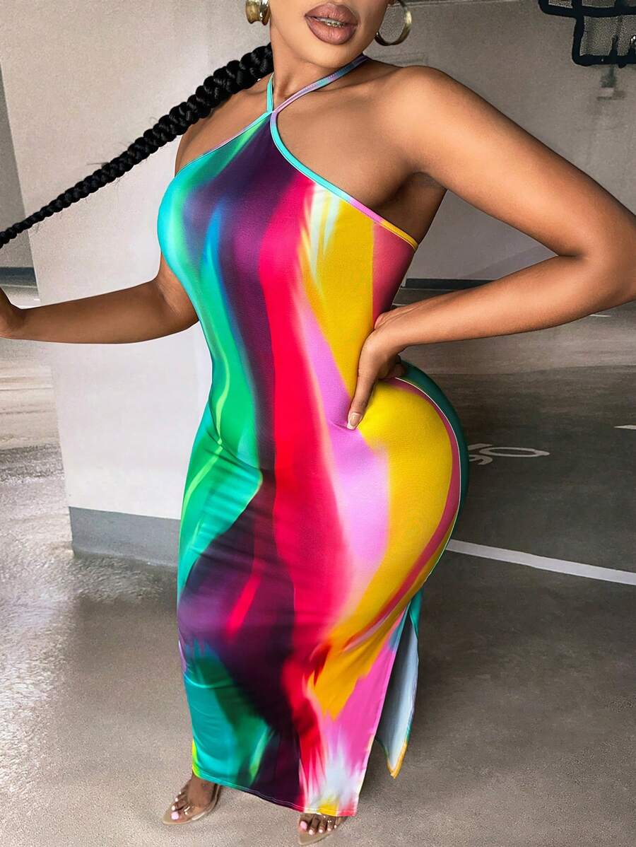 Slaydiva 大碼紮染下擺開叉繞頸緊身洋裝 - 彩色 - 查看 1