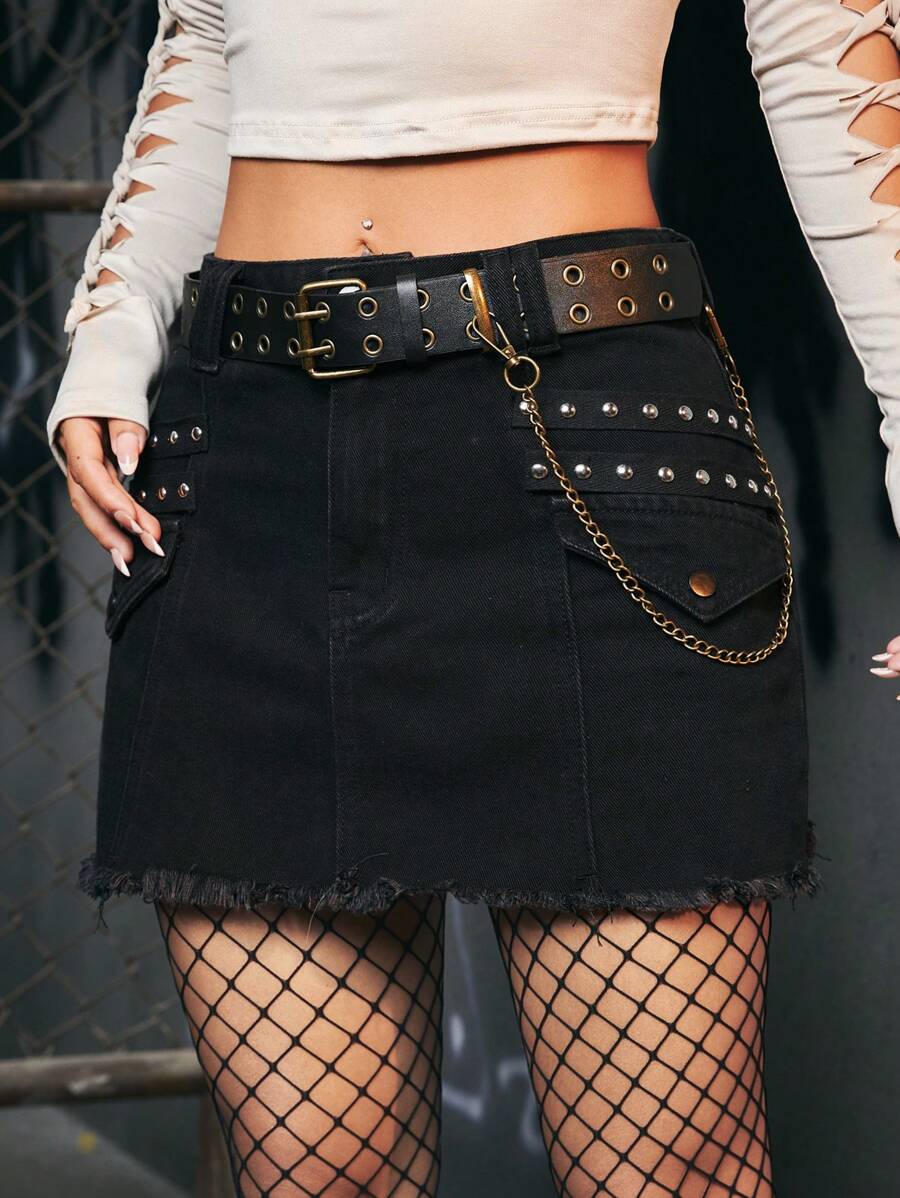 ROMWE Grunge Punk Chi tiết đáng kinh ngạc Raw Hem Váy Denim - màu đen - Xem 1