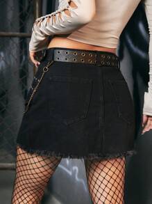 ROMWE Grunge Punk Chi tiết đáng kinh ngạc Raw Hem Váy Denim - màu đen - Xem 2