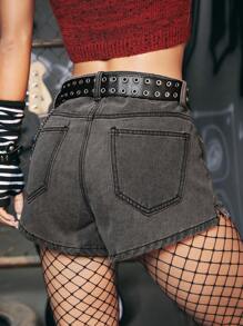 ROMWE Grunge Punk 素色翻蓋口袋牛仔短褲 - 深灰色 - 查看 2