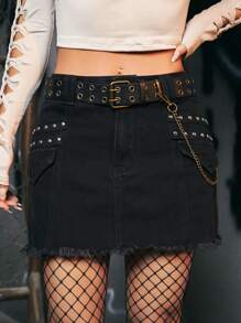 ROMWE Grunge Punk Chi tiết đáng kinh ngạc Raw Hem Váy Denim - màu đen - Xem 4