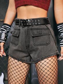 ROMWE Grunge Punk 素色翻蓋口袋牛仔短褲 - 深灰色 - 查看 3