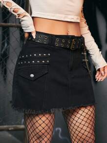 ROMWE Grunge Punk Chi tiết đáng kinh ngạc Raw Hem Váy Denim - màu đen - Xem 5