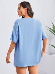 SHEIN EZwear Đồ họa Chữ cái Thả vai Áo phông Quá khổ - Màu xanh nhạt - Xem 2