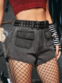 ROMWE Grunge Punk 素色翻蓋口袋牛仔短褲 - 深灰色 - 查看 4