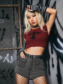 ROMWE Grunge Punk 素色翻蓋口袋牛仔短褲 - 深灰色 - 查看 5