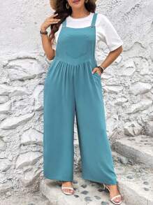 SHEIN LUNE Jumpsuits Plus Size Nút Túi màu trơn Giải trí - Màu xanh Cadet - Xem 1