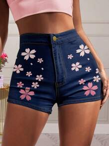 Shorts en mezclilla con estampado floral - Azul lavado oscuro - Ver 1