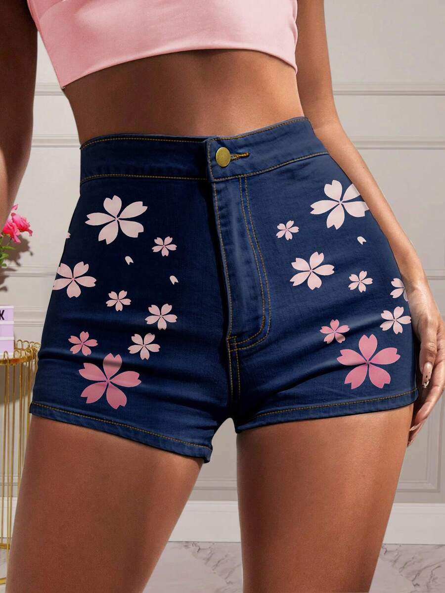 Shorts en mezclilla con estampado floral - Azul lavado oscuro - Ver 1
