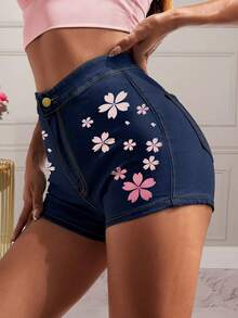 Shorts en mezclilla con estampado floral - Azul lavado oscuro - Ver 3