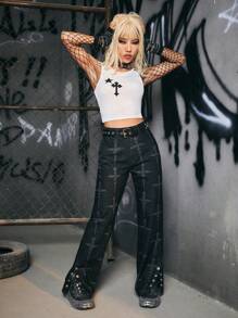 ROMWE Grunge Punk 交叉印花短款背心 - 白色 - 查看 4