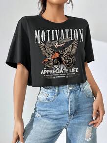 SHEIN EZwear 摩托車和標語圖案落肩袖短款T恤 - 黑色 - 查看 1
