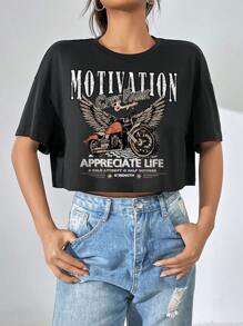 SHEIN EZwear 摩托車和標語圖案落肩袖短款T恤 - 黑色 - 查看 4