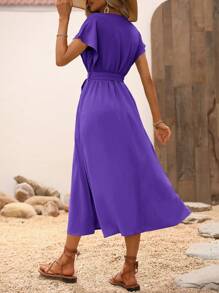 SHEIN LUNE Solid Belted A-line Dress - Purple - View 2