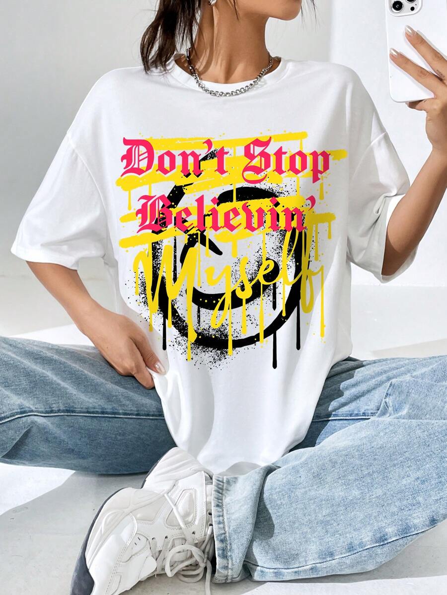 SHEIN EZwear Áo phông Quá khổ Diễn đạt & Đồ họa Khẩu hiệu Thả vai - trắng - Xem 1