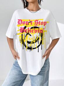 SHEIN EZwear Áo phông Quá khổ Diễn đạt & Đồ họa Khẩu hiệu Thả vai - trắng - Xem 4