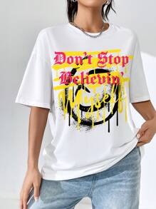 SHEIN EZwear Áo phông Quá khổ Diễn đạt & Đồ họa Khẩu hiệu Thả vai - trắng - Xem 6