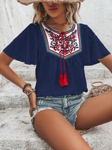 SHEIN VCAY Áo sơ mi nữ Thắt nơ trước Thêu mép Hoa Boho - Màu xanh hải quân - Xem 1