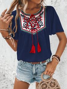 SHEIN VCAY Áo sơ mi nữ Thắt nơ trước Thêu mép Hoa Boho - Màu xanh hải quân - Xem 3
