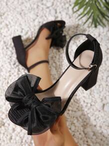 Glamorous Black Sandals For Women, Bow Decor Satin Chunky Heeled Ankle Strap Sandals Valentines,Spring Summer Outfits - Black - View 2