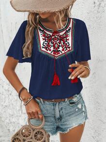 SHEIN VCAY Áo sơ mi nữ Thắt nơ trước Thêu mép Hoa Boho - Màu xanh hải quân - Xem 4