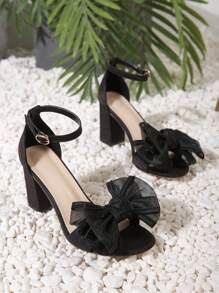 Glamorous Black Sandals For Women, Bow Decor Satin Chunky Heeled Ankle Strap Sandals Valentines,Spring Summer Outfits - Black - View 4