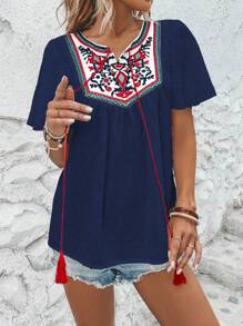 SHEIN VCAY Áo sơ mi nữ Thắt nơ trước Thêu mép Hoa Boho - Màu xanh hải quân - Xem 5
