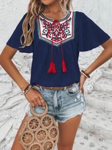 SHEIN VCAY Áo sơ mi nữ Thắt nơ trước Thêu mép Hoa Boho - Màu xanh hải quân - Xem 6