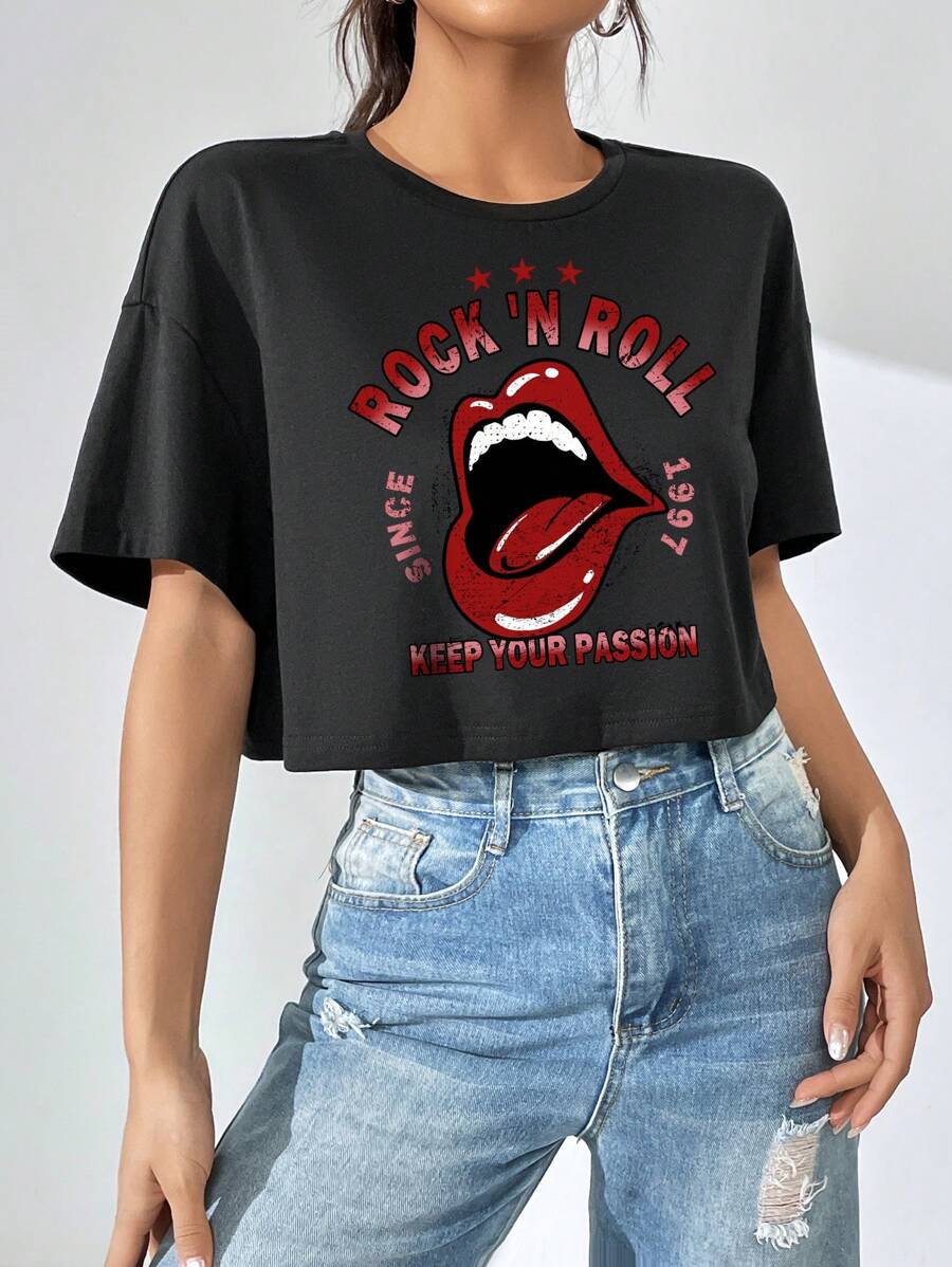 SHEIN EZwear 唇部和標語圖案落肩T恤 - 黑色 - 查看 1