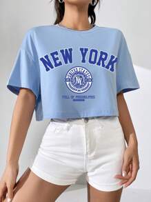 SHEIN EZwear Áo thun nữ Lá thư Giải trí - Màu xanh nhạt - Xem 1