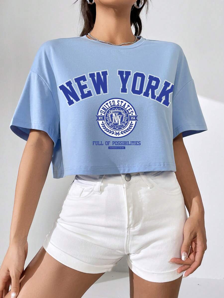 SHEIN EZwear Áo thun nữ Lá thư Giải trí - Màu xanh nhạt - Xem 1