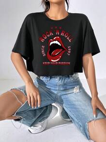 SHEIN EZwear 唇部和標語圖案落肩T恤 - 黑色 - 查看 4