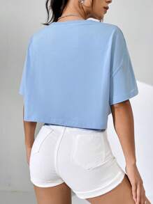 SHEIN EZwear Áo thun nữ Lá thư Giải trí - Màu xanh nhạt - Xem 2