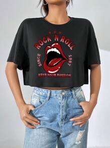 SHEIN EZwear 唇部和標語圖案落肩T恤 - 黑色 - 查看 6