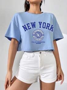 SHEIN EZwear Áo thun nữ Lá thư Giải trí - Màu xanh nhạt - Xem 3