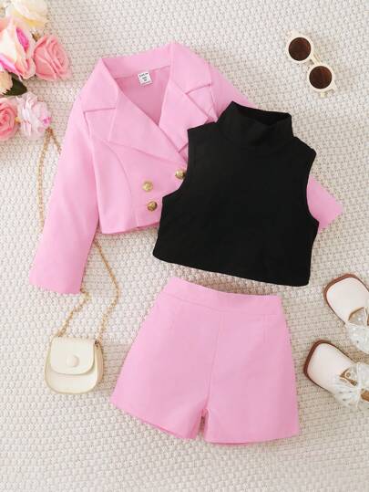 Toddler Girls Mock Neck Tank Top & Shorts & Double Button Lapel Neck Blazer