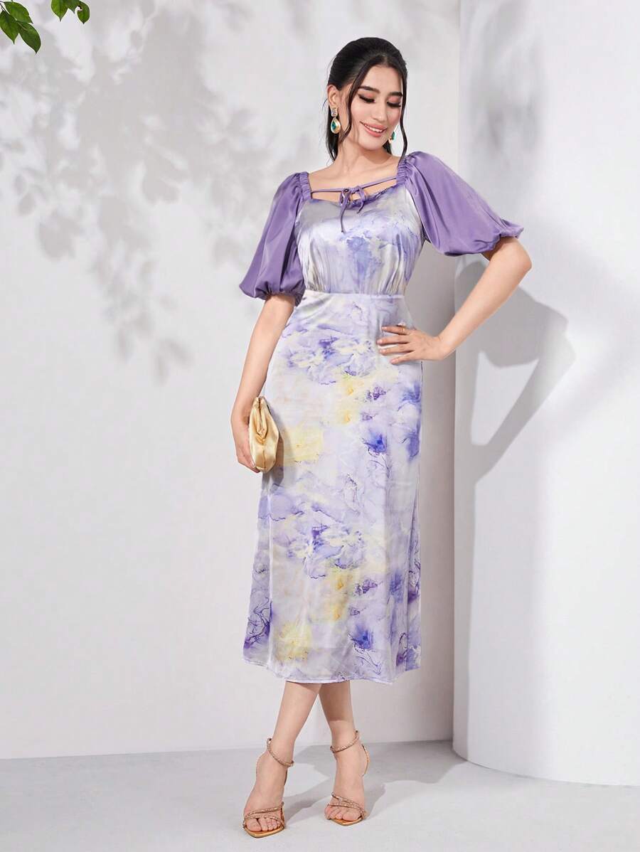 Modelyn Marbled Print Tie Front Puff Sleeve Dress - Multicolor - View 1